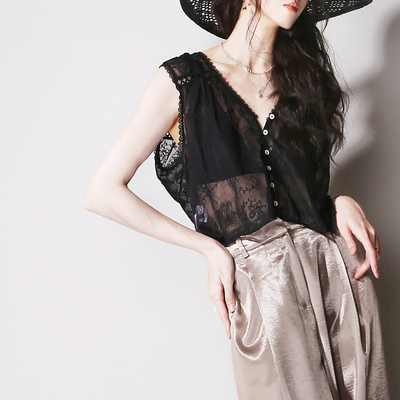 复古蕾丝刺绣雪纺半透视V领背心