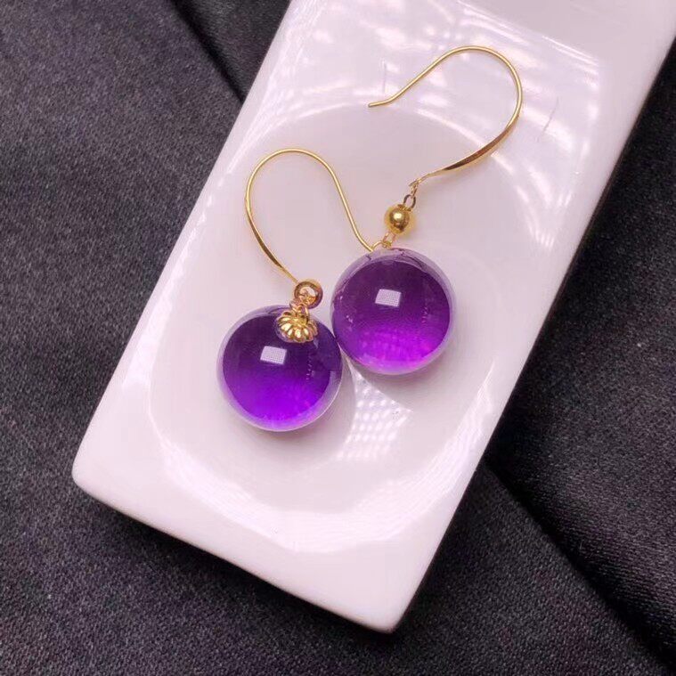 천연 브라질 자수정이 박힌 18K 골드 10MM 둥근 구슬 귀걸이 순수 짙은 보라색 전송 비즈 세련된 귀고리