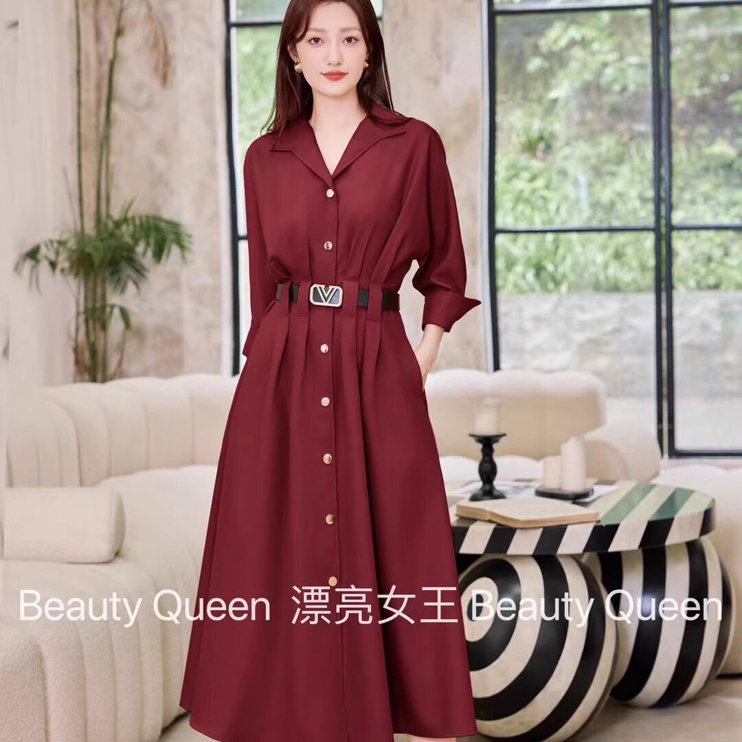 漂流女王早秋高级感衬衫V领长款时尚连衣裙简约黑橘色长袖风衣