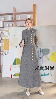 千鸟格毛呢立领单排扣长款大衣