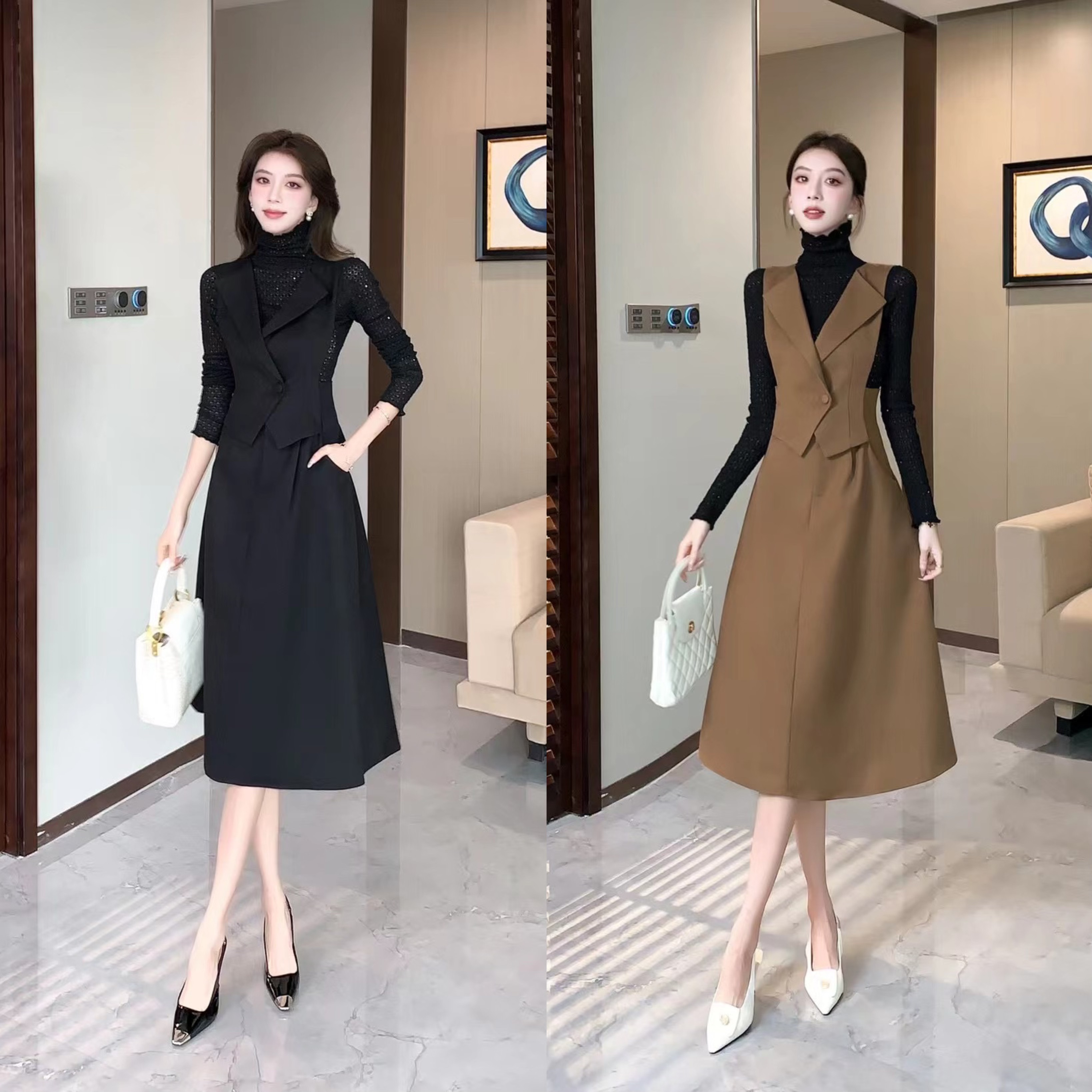 小香风高品质背带套装裙2024秋冬款高领打底衫+马甲连衣裙两件套