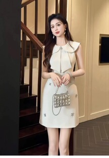 欧洲站富家千金娃娃领无袖连衣裙夏名媛小个子短款包臀a字裙XYF