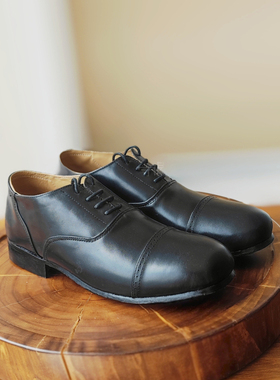 黑色大头经典三接头男士系带德比鞋英伦风牛皮大底手工缝线量脚