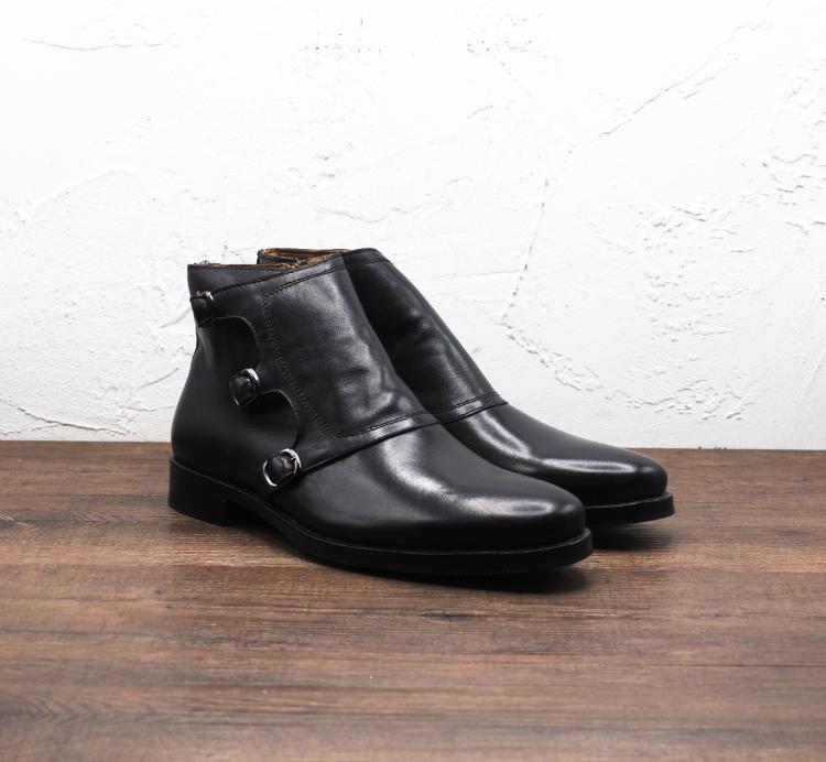 定制秋冬扣带亮牛皮不开胶固特异缝线v底羊毛单里短靴鞋守根