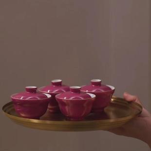 胭脂红小折边盖碗 釉上胭脂红 描金容量:60ml