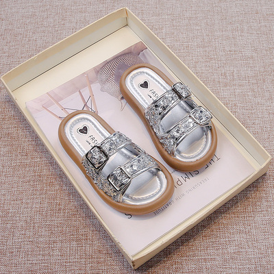 夏季新款银色亮片女童一字拖鞋