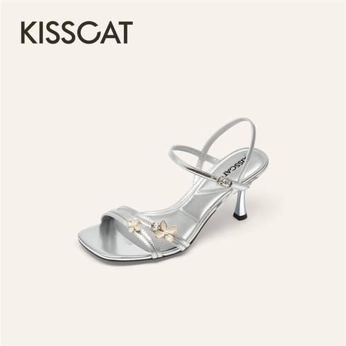 KISSCAT接吻猫2026夏新款高跟凉鞋水钻一字带细跟凉鞋K76143A-10