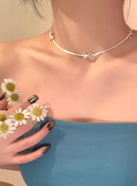 美女甜酷银色蝴蝶结choker项链