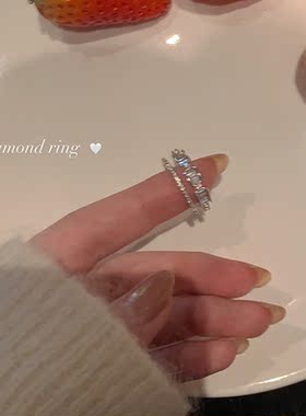 精致满钻锆石双层戒指轻奢小众设计高级排钻食指戒开口可调节指环