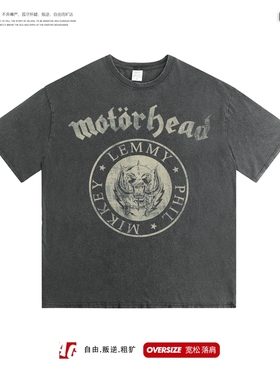 摇滚重金属男女短袖T恤深灰水洗做旧复古ins落肩上衣潮Motorhead