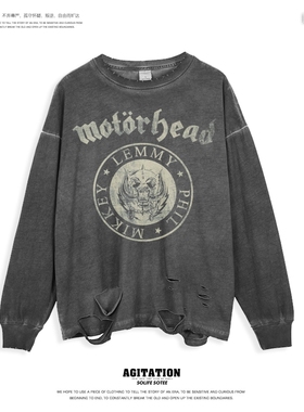 重金属摇滚乐队印花长袖T恤motorhead欧美复古水洗做旧破洞打底上