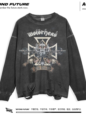 motorhead美式摇滚男女中性长袖打底宽松水洗做旧复古破洞上衣新