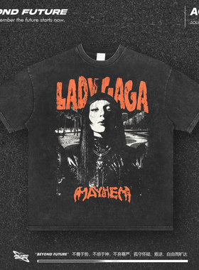 Vintage欧美潮牌LadyGaga美式高街宽松中性重磅复古水洗短袖T恤
