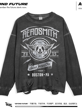 空中铁匠乐队Aerosmith水洗做旧复古破洞oversize男女中性长袖ins
