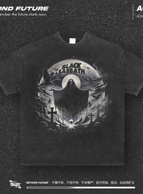 黑色安歇日ozzy-T恤美式水洗做旧重磅潮牌oversize中性短袖