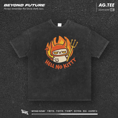 hello no kitty美式嘻哈水洗做旧复古宽松中性短袖T恤男女上衣