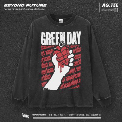 绿日greenday长袖水洗做旧复古美式高街头中性oversize上衣