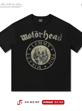复古落肩T恤高街美式oversize宽松短袖摇滚印花暗黑半袖motorhead