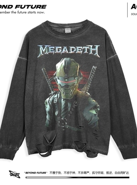 秋冬水洗做旧复古破洞长袖男女中性宽松落肩打底上衣新款Megadeth