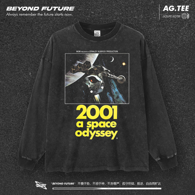 2001太空漫游美式潮牌水洗做旧宽松oversize中性男女大码长袖T恤