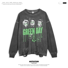 greenday绿日新款宽松打底破洞水洗复古长袖T恤摇滚欧美街头乐队