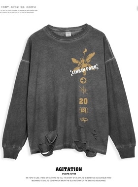 欧美高街破洞打底长袖T恤水洗潮宽松上衣摇滚联合公园linkinpark