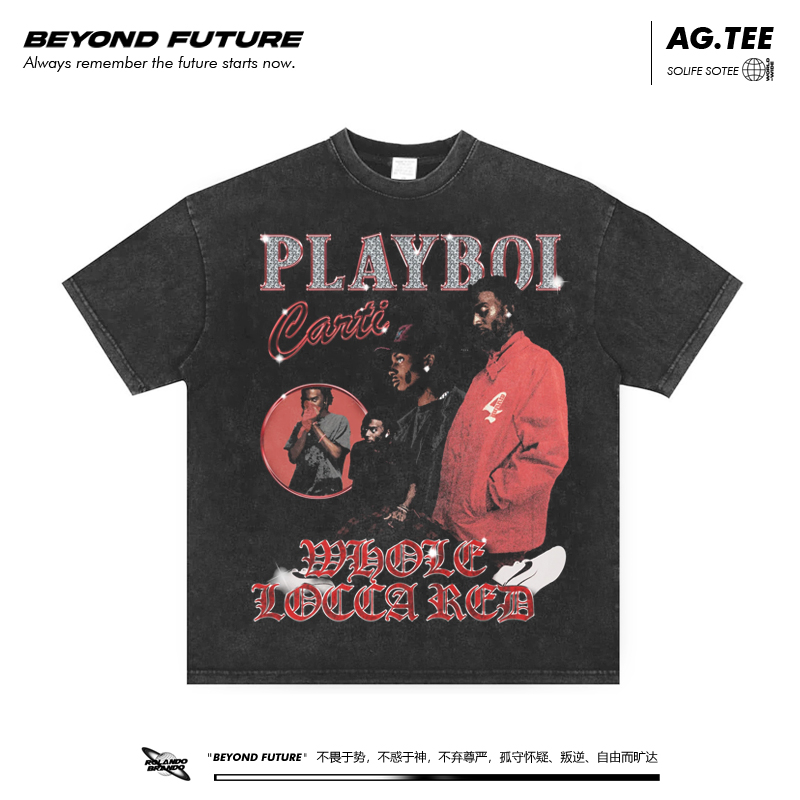 PLAYBOICARTI美式嘻哈重磅水洗深灰做旧复古短袖男女中性上衣潮牌