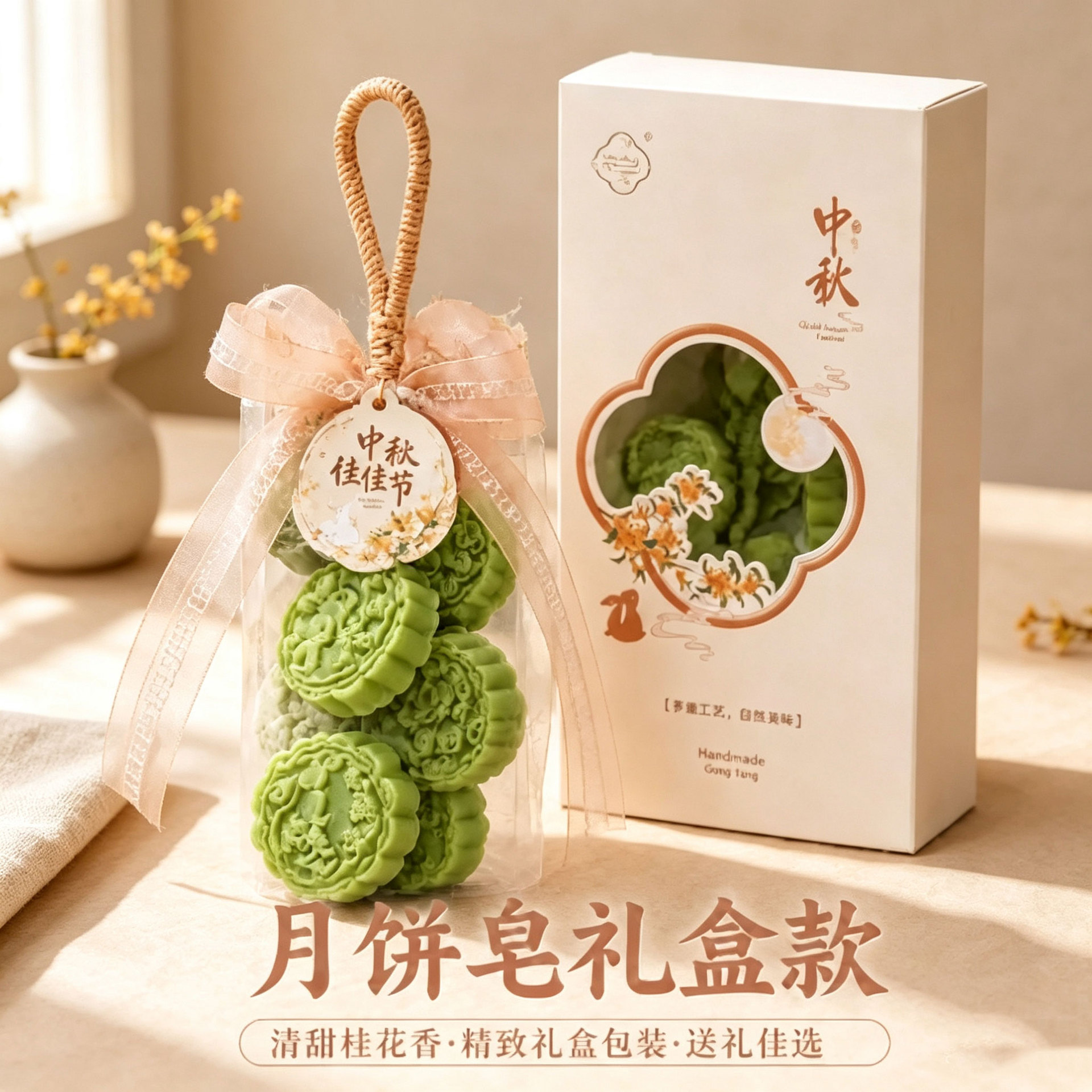 中秋月饼造型香皂礼盒 手工精油皂 桂花香氛伴手礼 精致包装悬挂