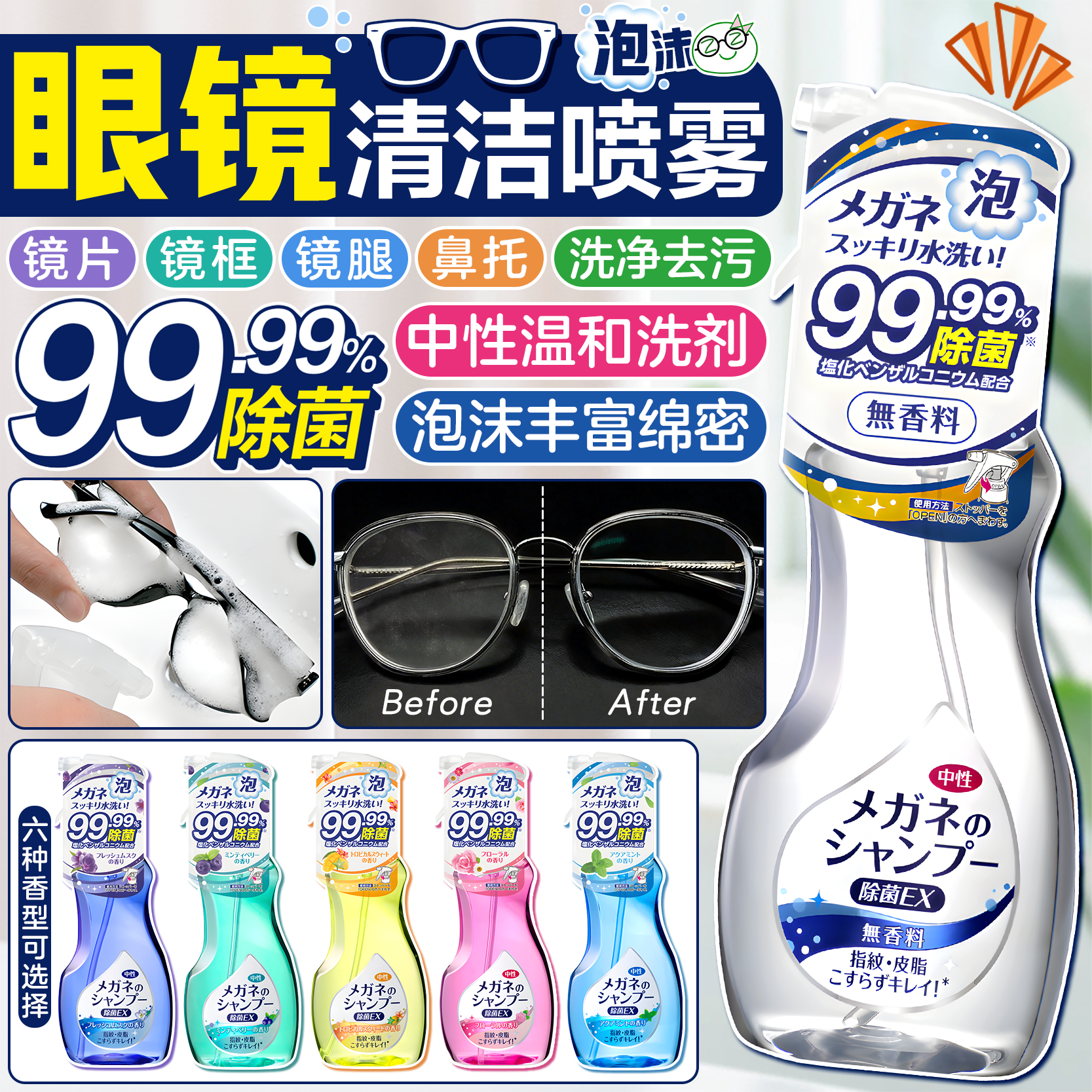 日本进口soft99眼镜清洁除菌喷雾中性泡沫去油脂指纹无香清洁替换