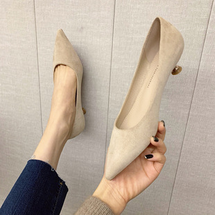 女士职业低跟高跟鞋女细跟三公分工作鞋女黑色尖头绒面不磨脚单鞋