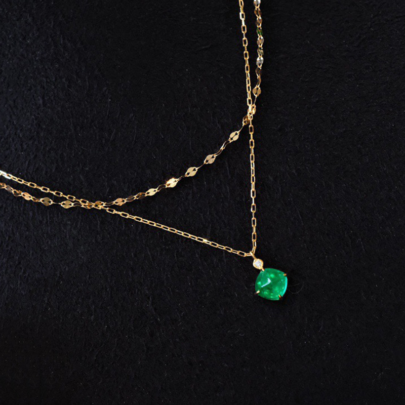 宝创集18K金镶嵌0.45克拉天然糖塔祖母绿双层项链钻石彩宝锁骨链