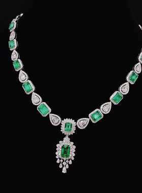 宝创集18K金16.45克拉天然赞比亚祖母绿项链晚装套链礼服婚纱宴会