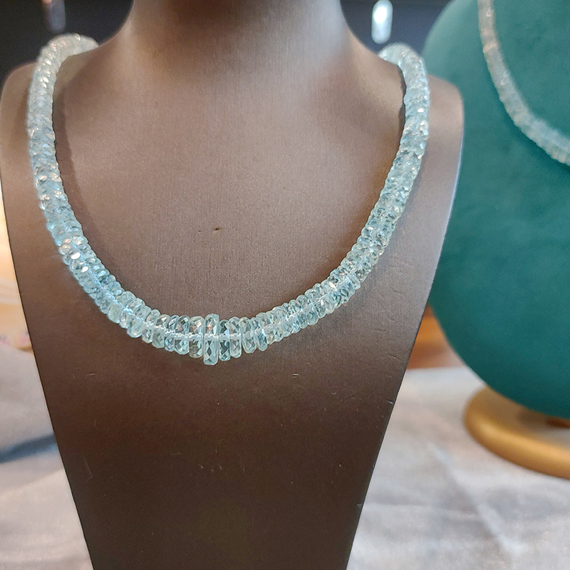 S925银纯天然原矿海蓝宝项链刻面切面圆珠串珠盘珠塔链送礼