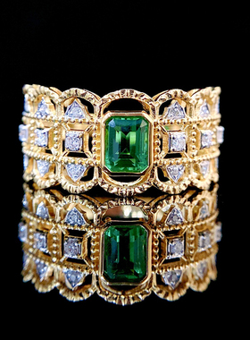 宝创集18K金0.47克拉翠绿色祖母绿蕾丝戒指钻石彩宝宫廷风女戒