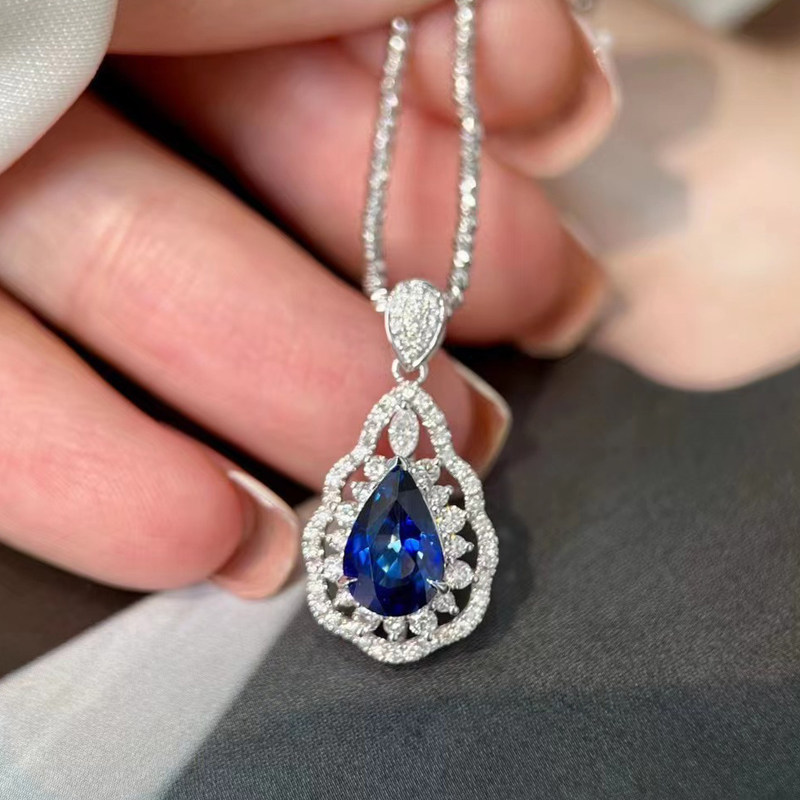 55克拉天然皇家蓝宝石吊坠水滴形豪镶钻石彩宝定制