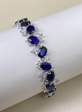 宝创集18K金镶13.83克拉天然皇家蓝宝石手链钻石彩宝满镶手圈七夕