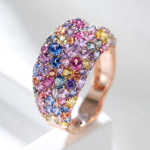 宝创集18K金镶嵌天然彩色蓝宝石莫奈花海系列彩虹色花海戒指礼物