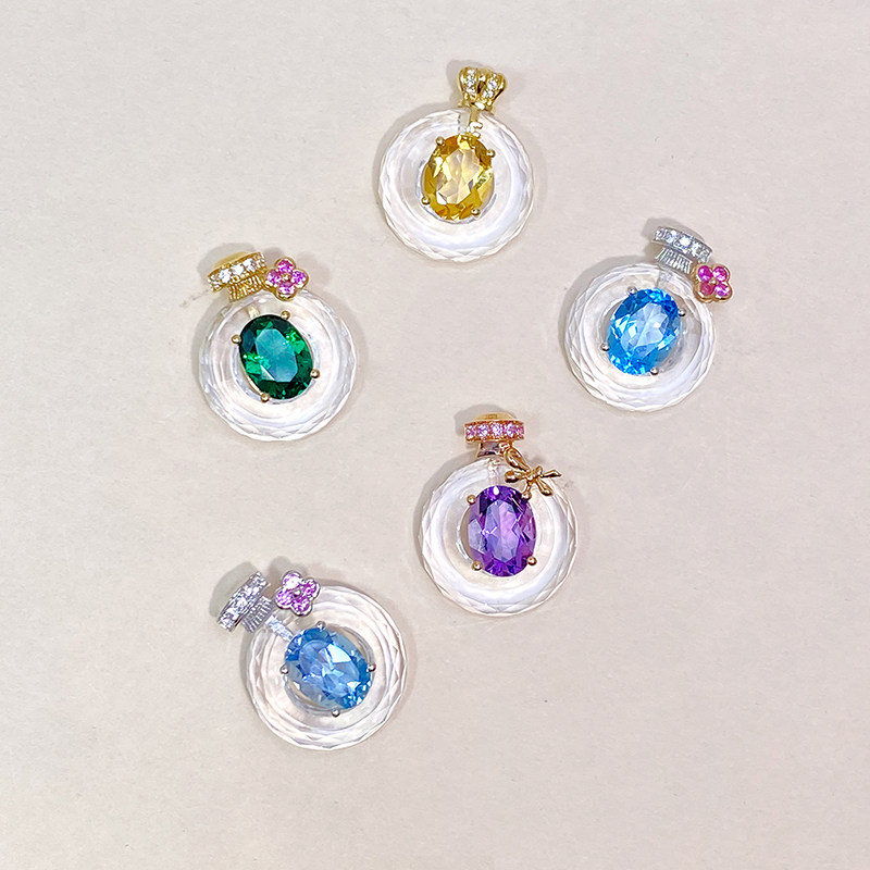 宝创集18K金镶托帕石紫水晶黄水晶白水晶吊坠彩宝香水瓶锁骨项链