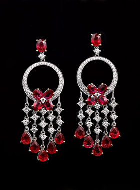 宝创集18K金4.79克拉天然鸽血红宝石耳环耳坠晚装礼服酒会宴会