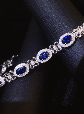 宝创集3.44克拉皇家蓝宝石手链18K金镶嵌天然钻石蝴蝶结优雅气质