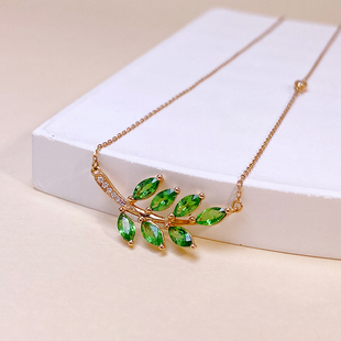 宝创集18K金镶嵌宝石真金真钻沙弗莱钻石项链一叶暴富橄榄枝项链