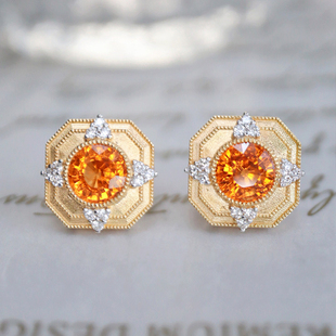 宝创集18K金3.29克拉天然芬达石耳钉真金真钻彩宝耳饰套装