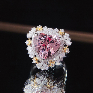 宝创集3.07克拉天然樱花粉摩根石戒指18K金镶钻石心形吊坠 两戴款