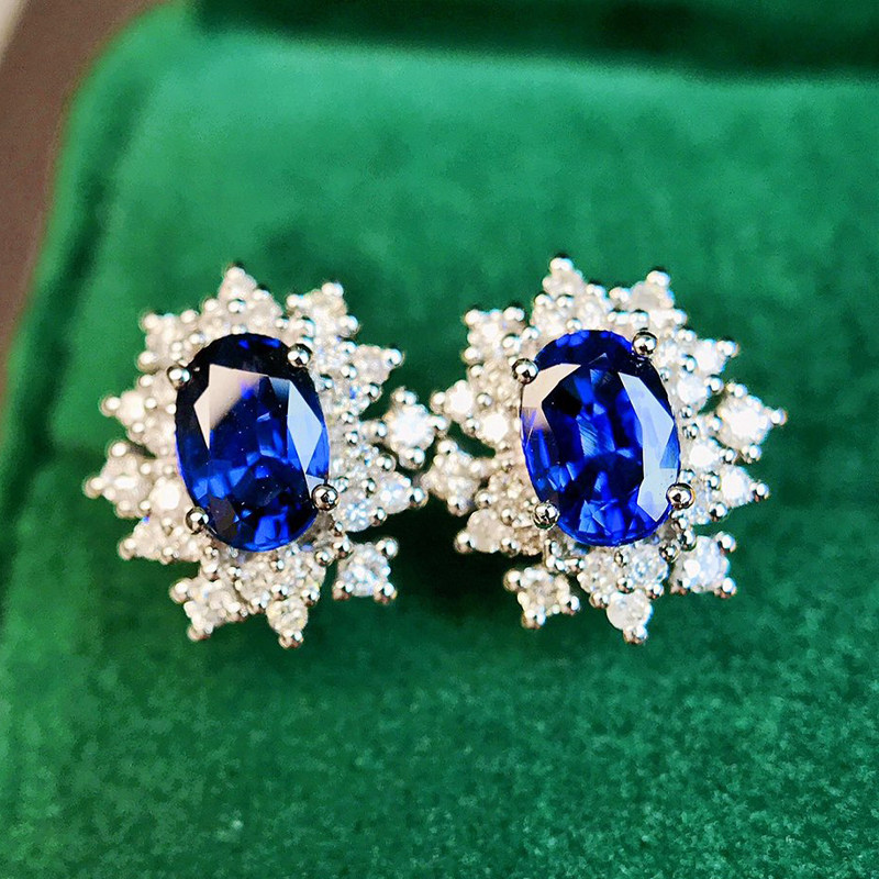 宝创集1.49克拉天然蓝宝石18K金围钻耳钉真金真钻经典款耳饰