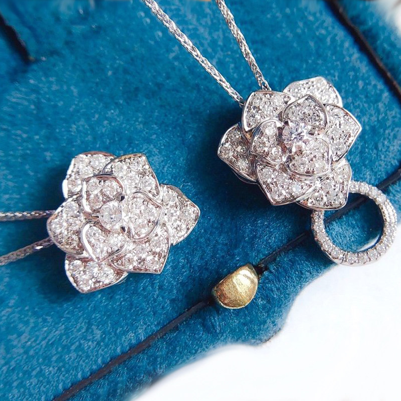 宝创集0.4克拉天然钻石吊坠18k金玫瑰花百搭款两戴款项链扣套链
