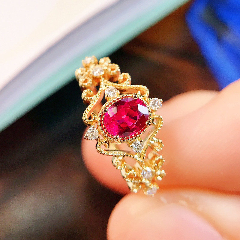 宝创集0.36克拉天然鸽血红宝石戒指18K金真钻宫廷复古彩宝戒指