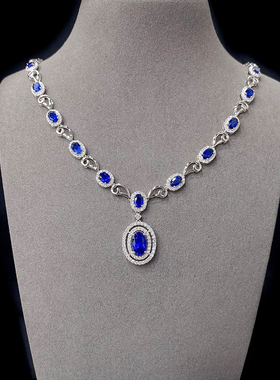 宝创集18K金5.89克拉天然皇家蓝宝石项链钻石晚装套链礼服宴会