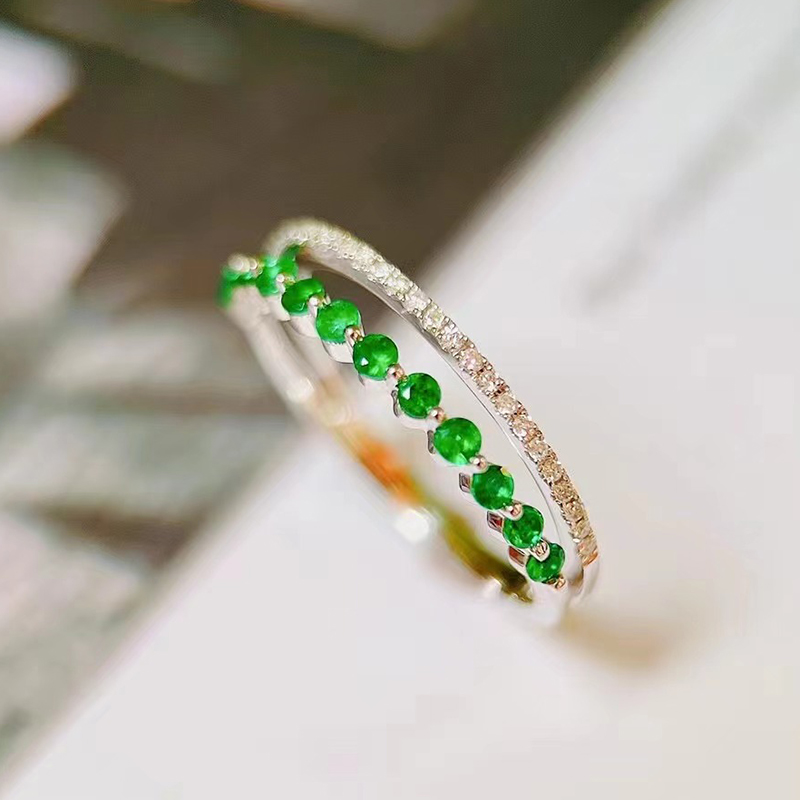 宝创集18K金0.27克拉巴基斯坦斯瓦特祖母绿双排戒指钻石彩宝排戒