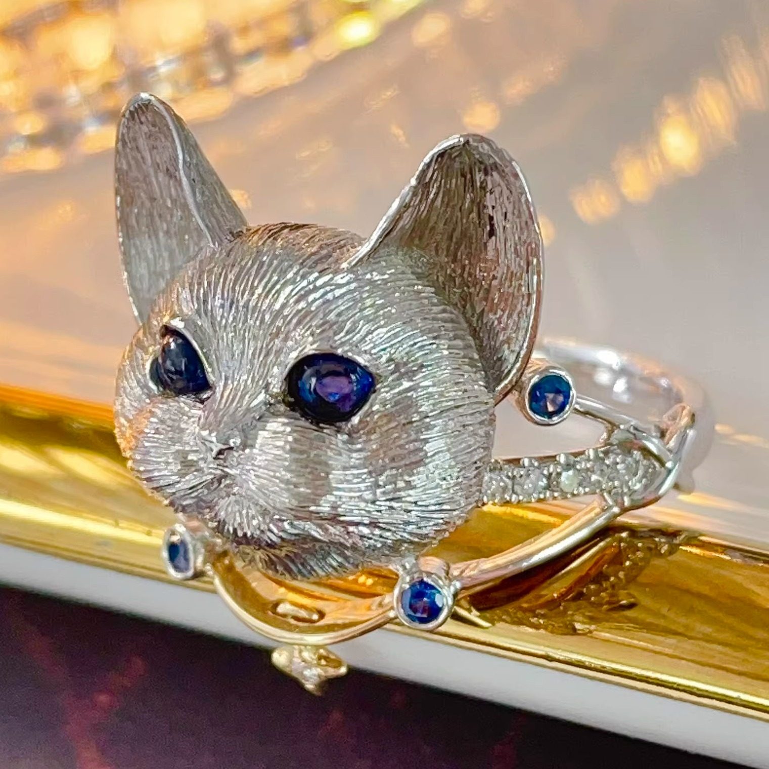宝创集18K金约0.27克拉天然蓝宝石德文猫咪造型戒指萌宠系列礼物