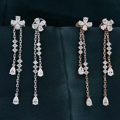 18K白金天然钻石耳钉四叶草耳环